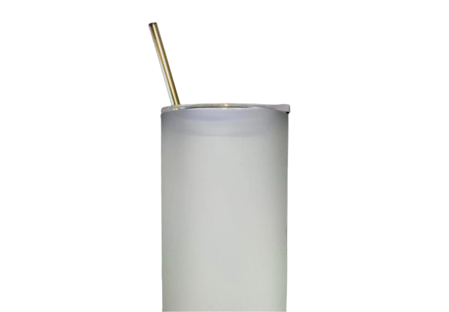 Clear plastic cup with a gold straw on a black background